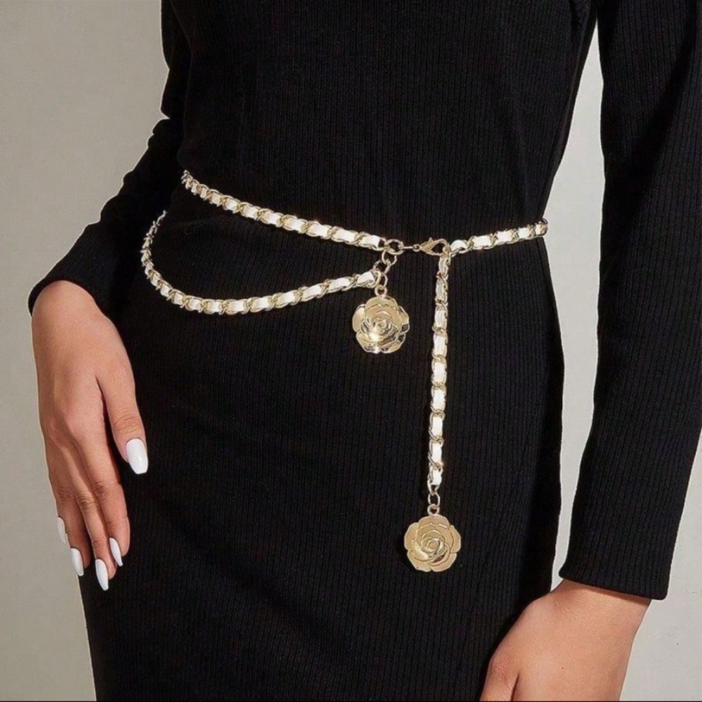 Gold Chain Belt With Rose Accents, White Faux Leather And Gold Chain Belt